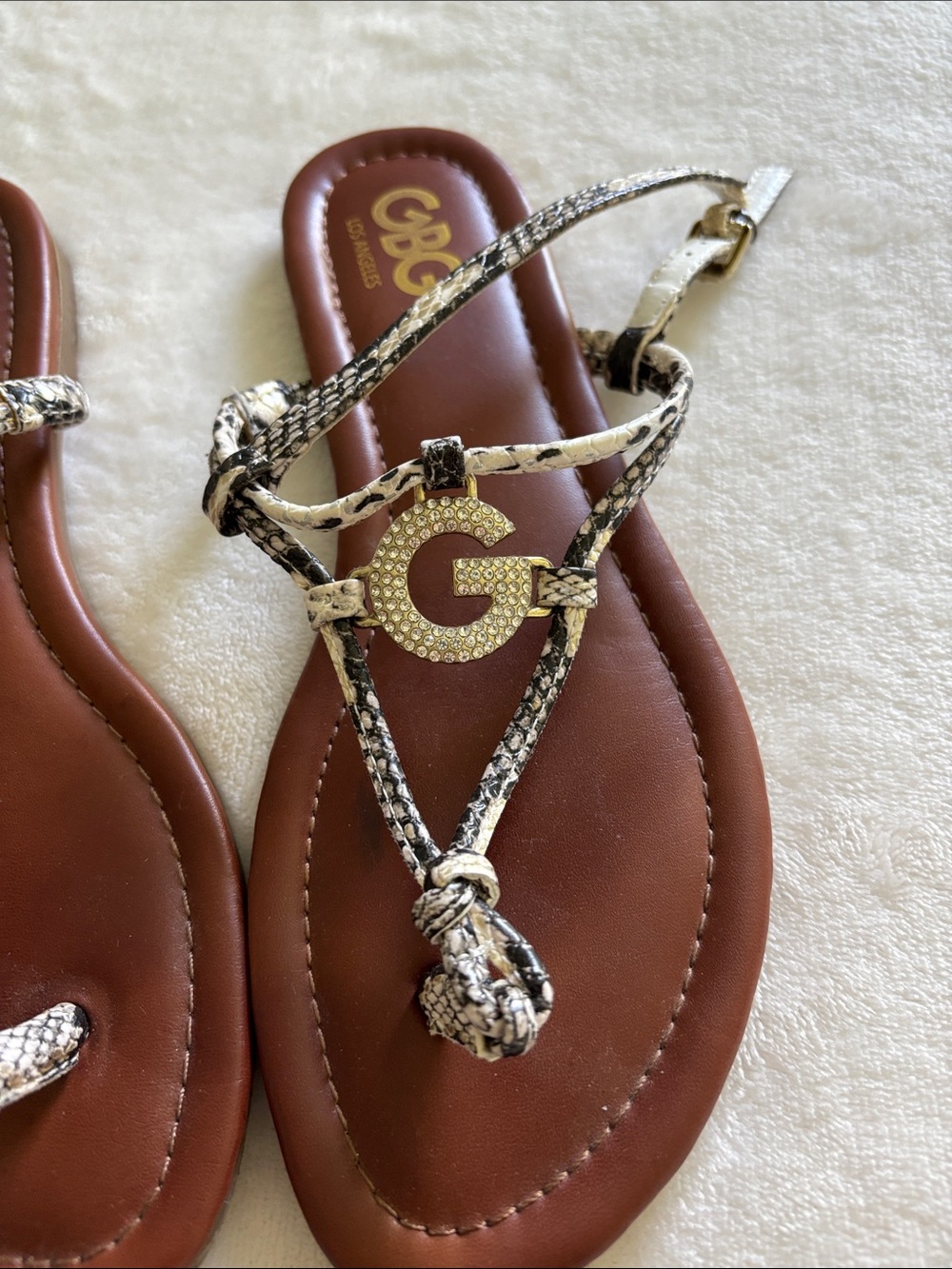 G by Guess Brown Footbed Sandals with Snake-Print Straps